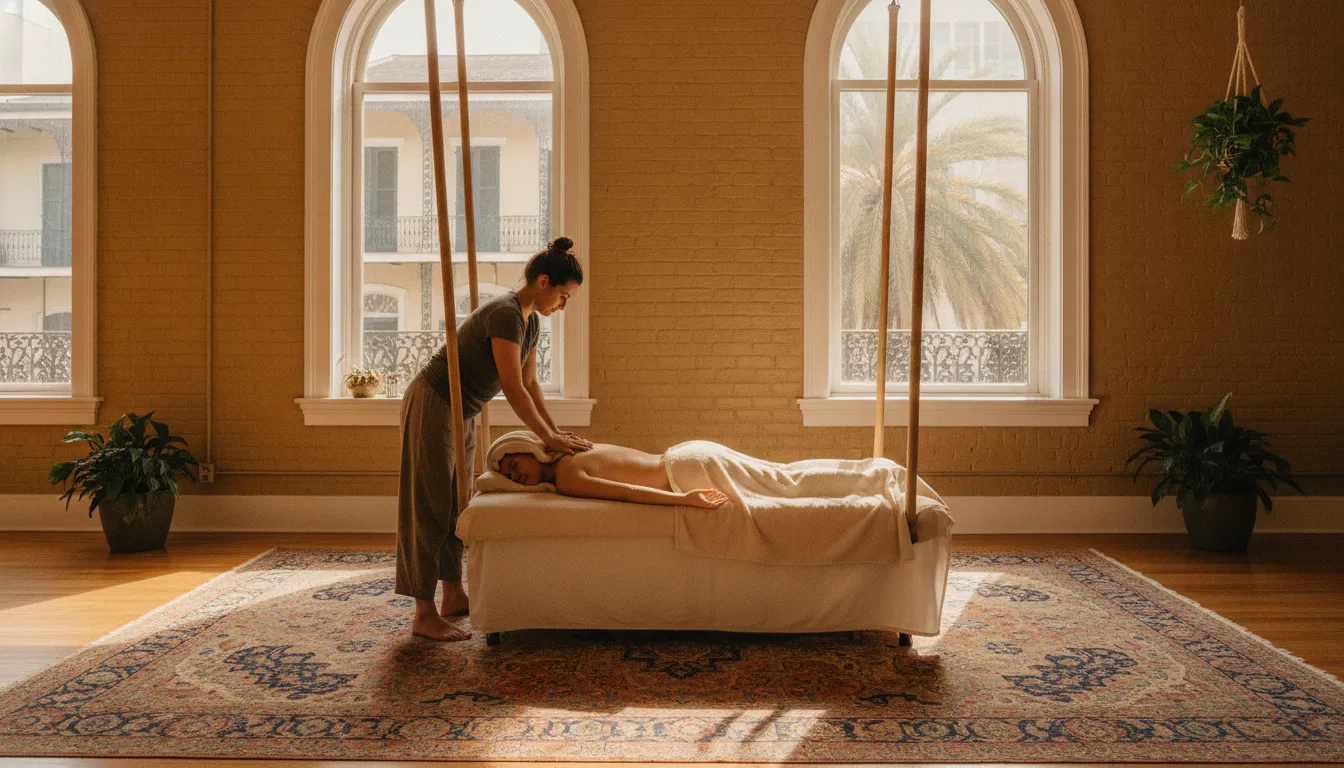 Licensed therapist providing a careful Ashiatsu massage in a natural-light studio