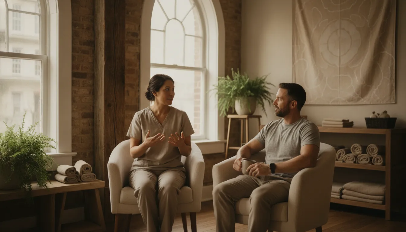 Therapist and client discussing massages in New Orleans