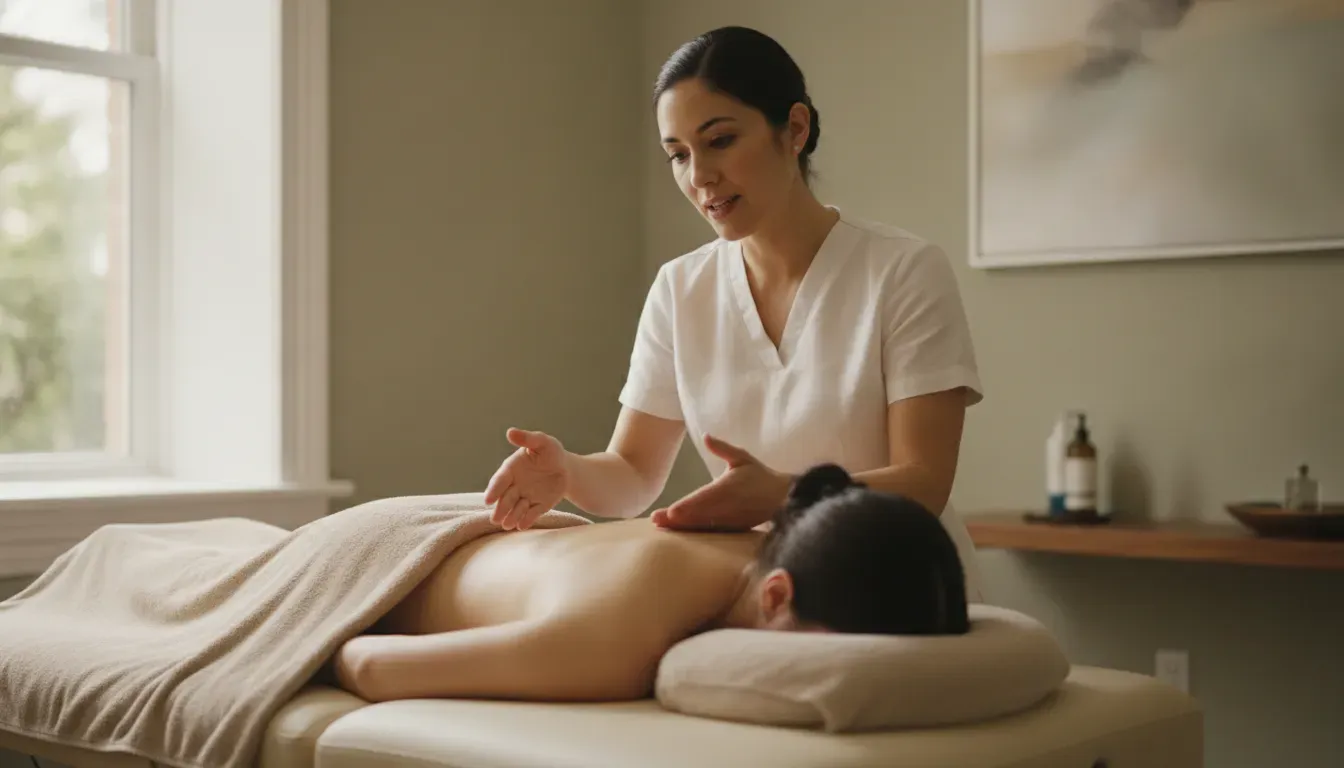 Licensed therapist discussing massage therapy goals in a New Orleans studio