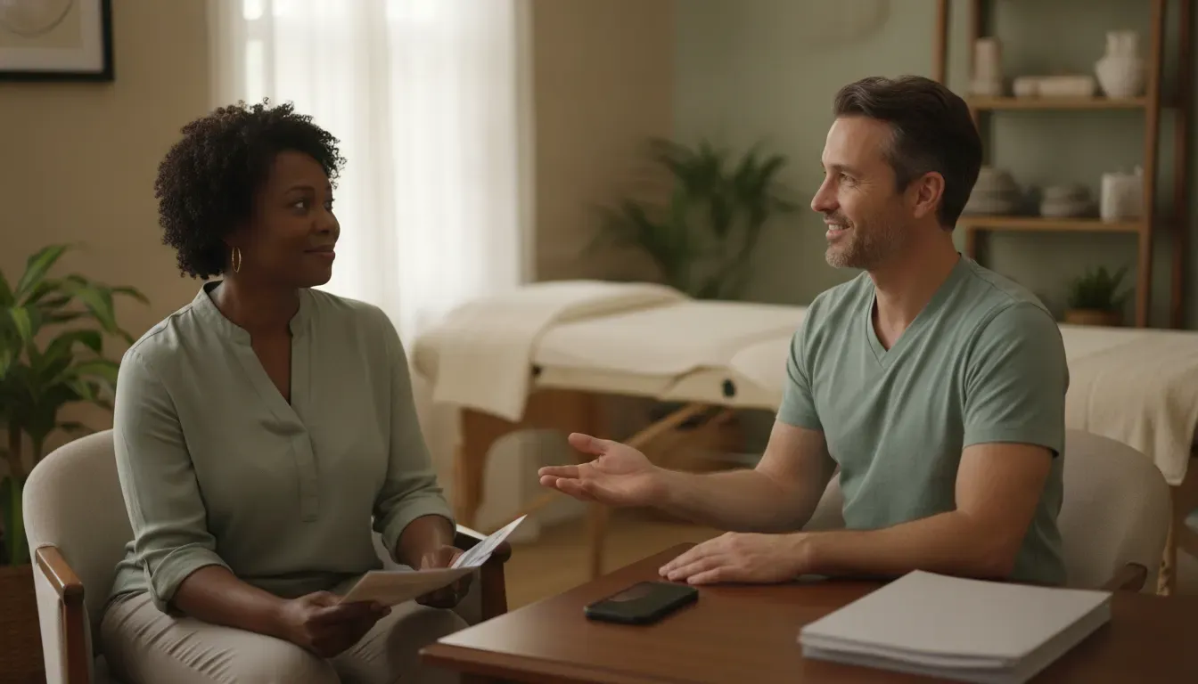 Client discussing massage therapy insurance coverage with a licensed therapist in New Orleans
