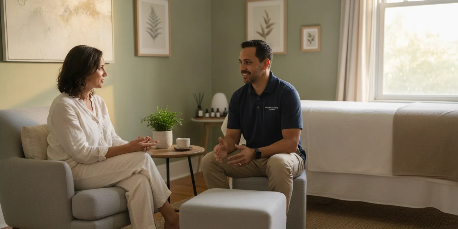 A massage therapist talking with a client before a session in a calm treatment room
