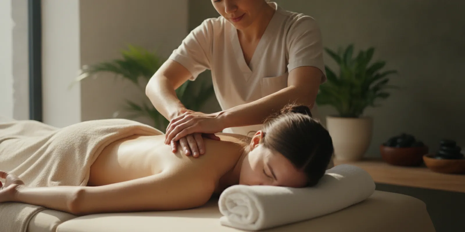 Therapist using careful hands-on pressure on a client's upper back in a calm massage room