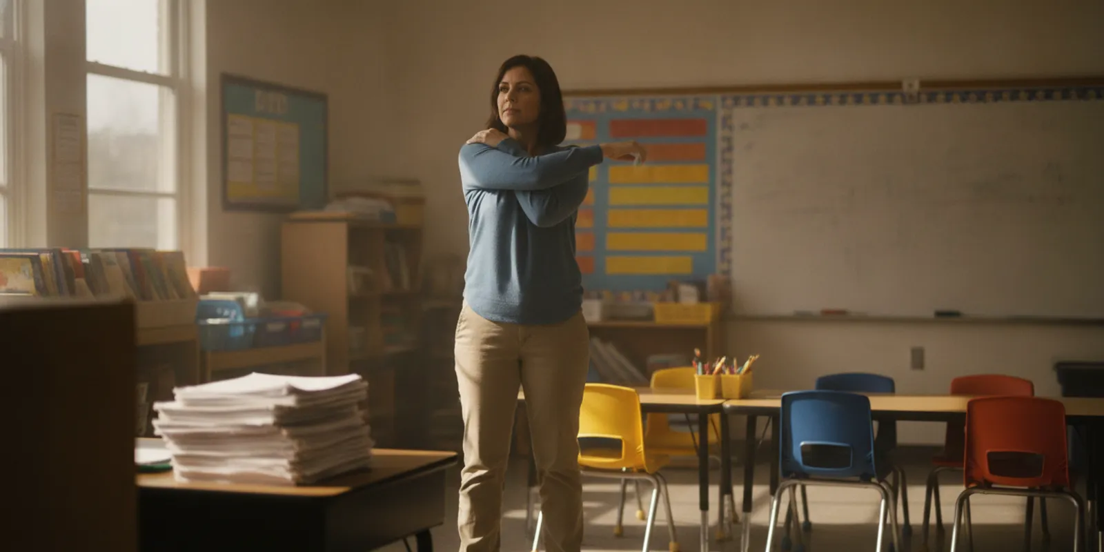 Teacher stretching shoulders beside a classroom desk after a school day