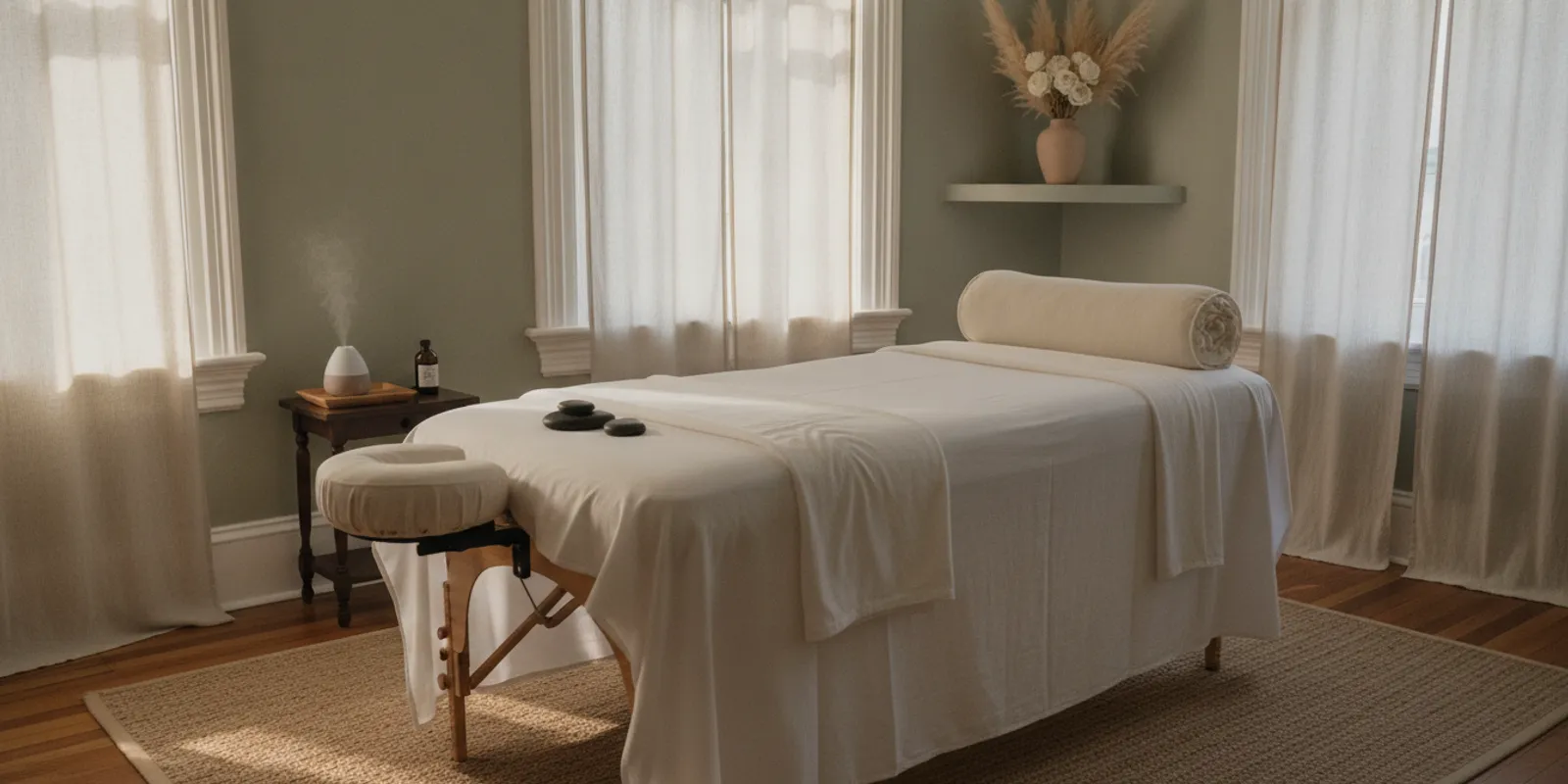 A calm massage room prepared for a client-led session